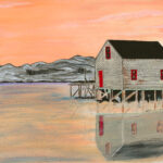 Painting of fishing stage during a sunrise